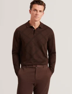 Argyle Knit Long Sleeve Polo Shirt
