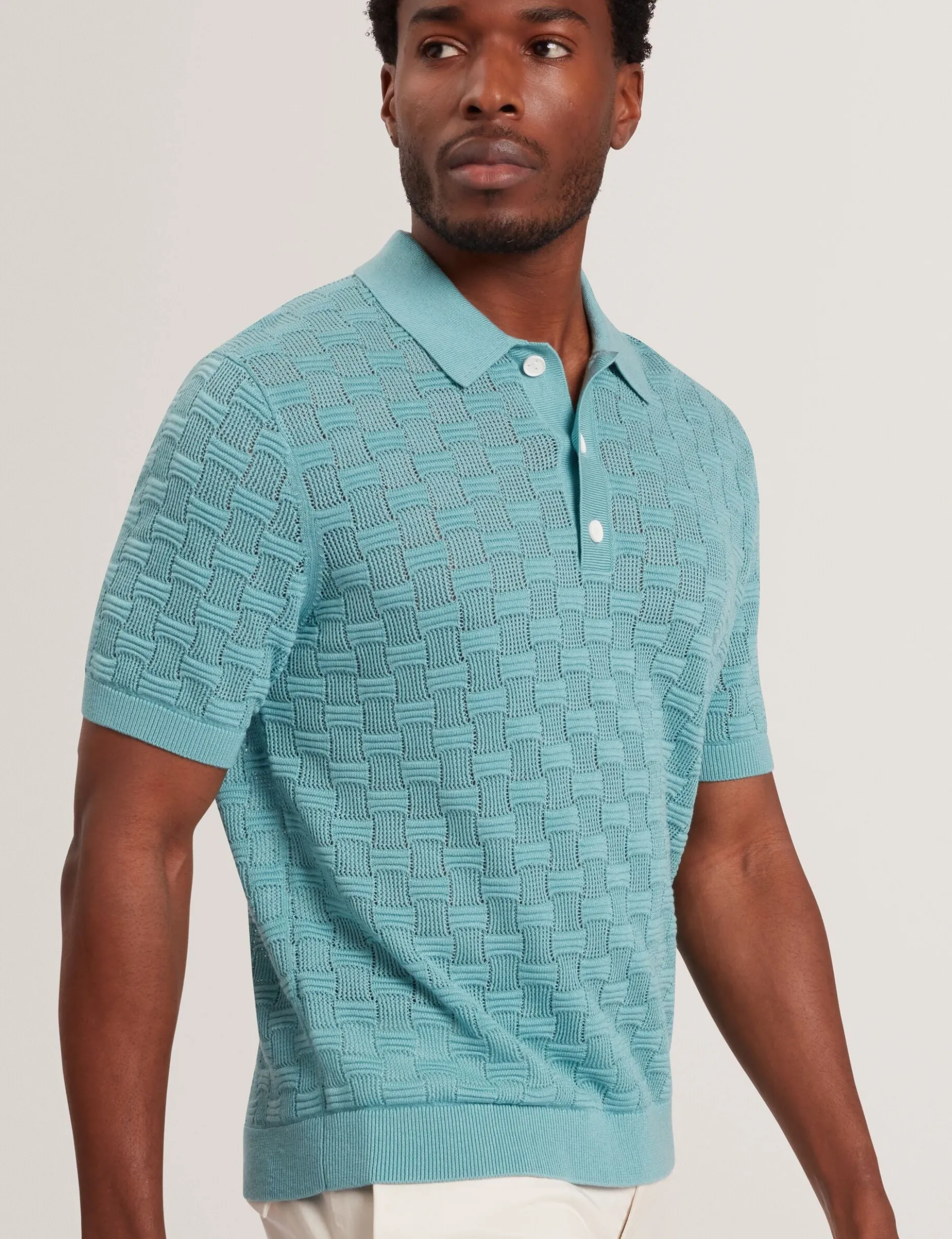 Basket Knit Wool Blend Short Sleeve Polo