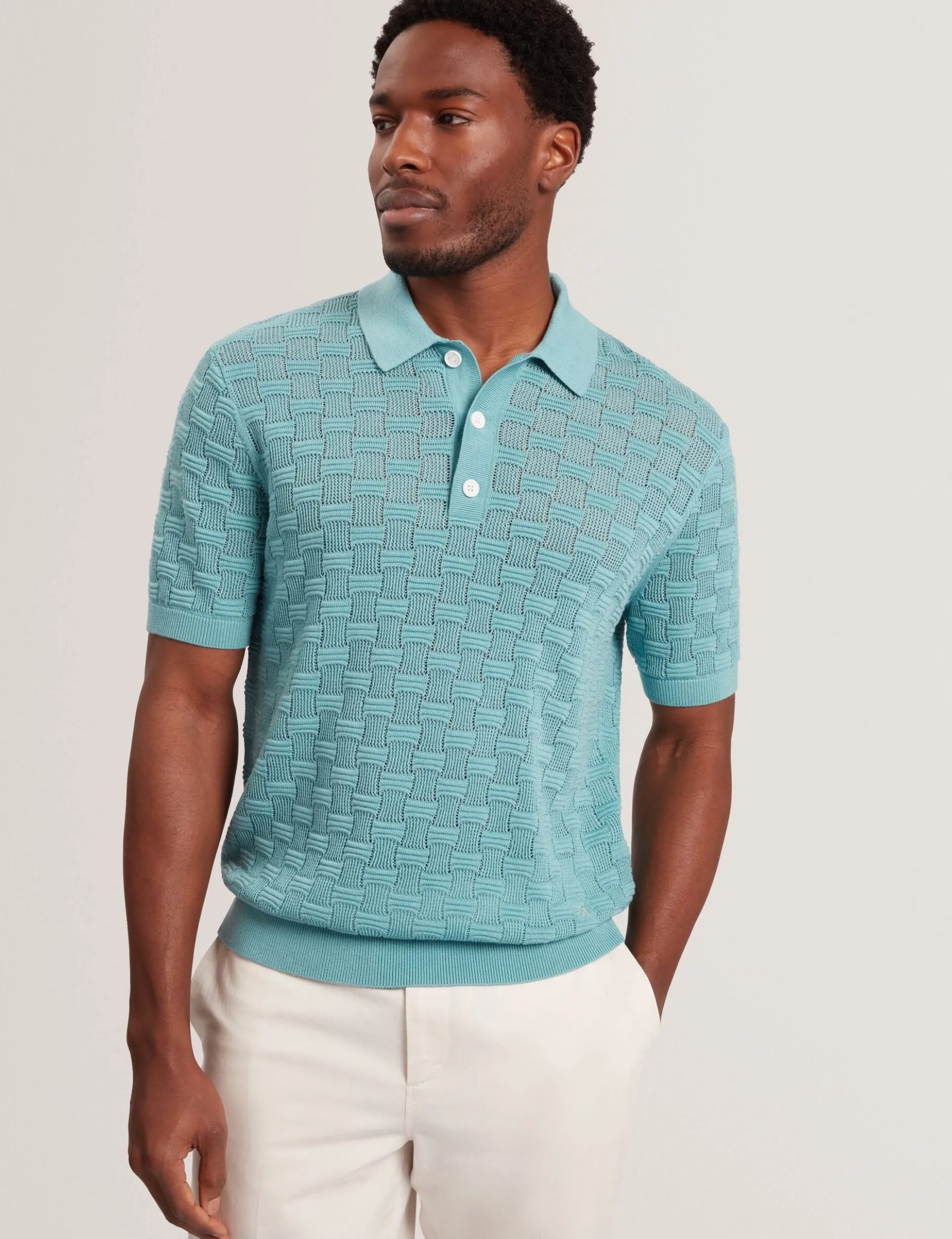 Basket Knit Wool Blend Short Sleeve Polo
