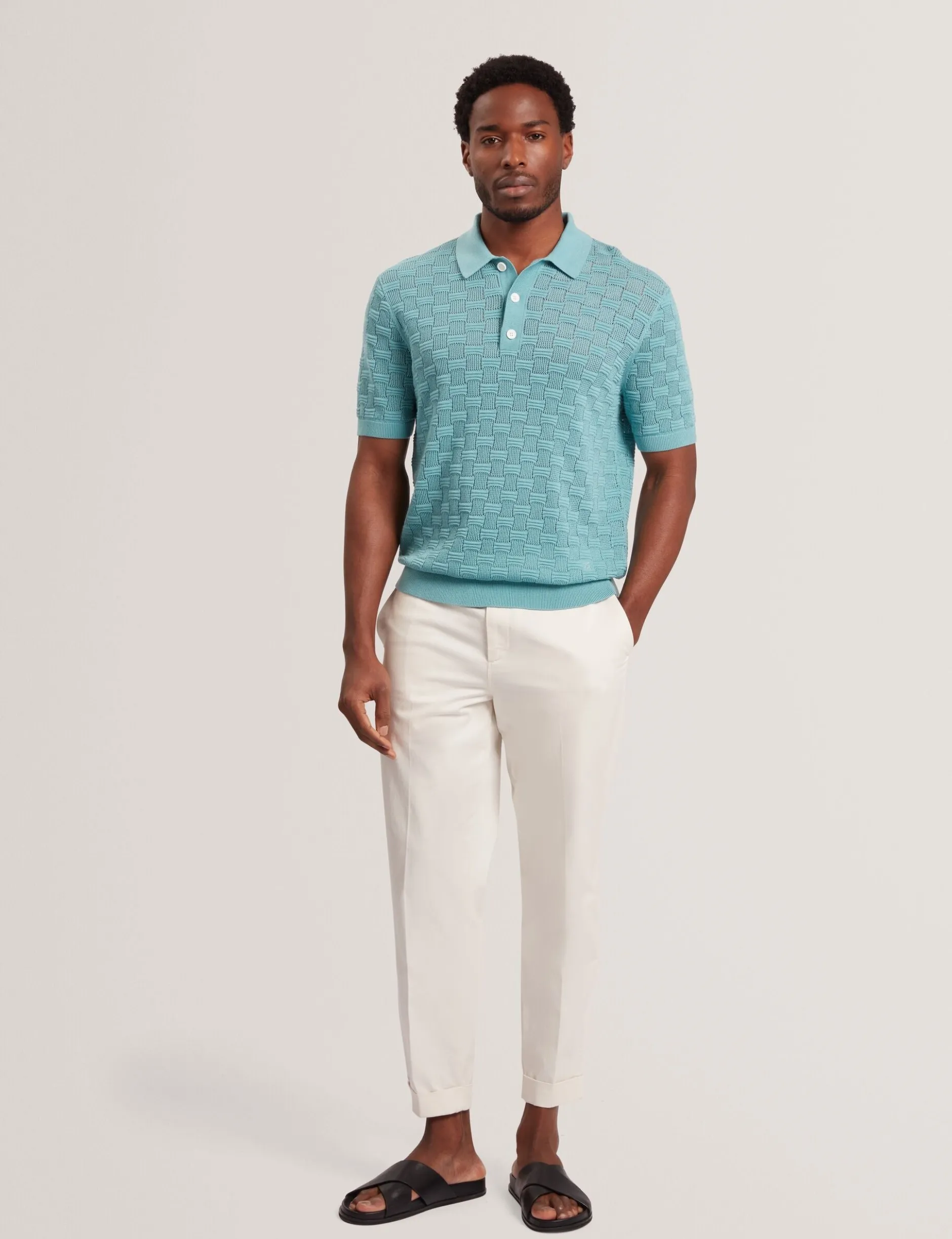 Basket Knit Wool Blend Short Sleeve Polo