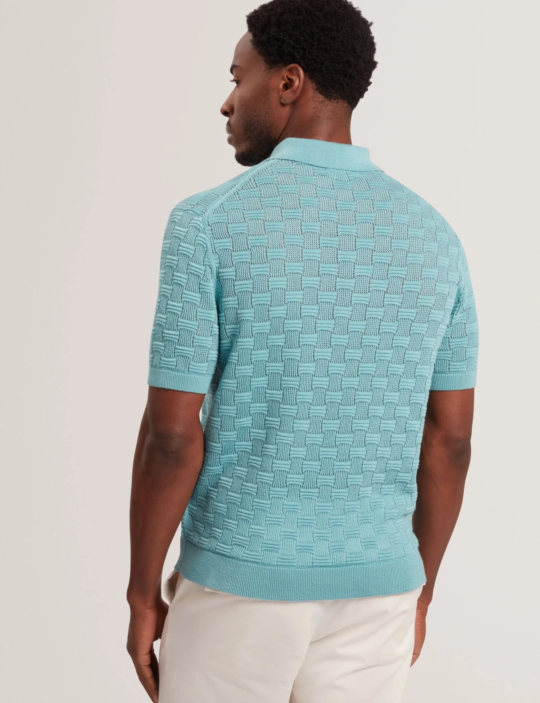 Basket Knit Wool Blend Short Sleeve Polo