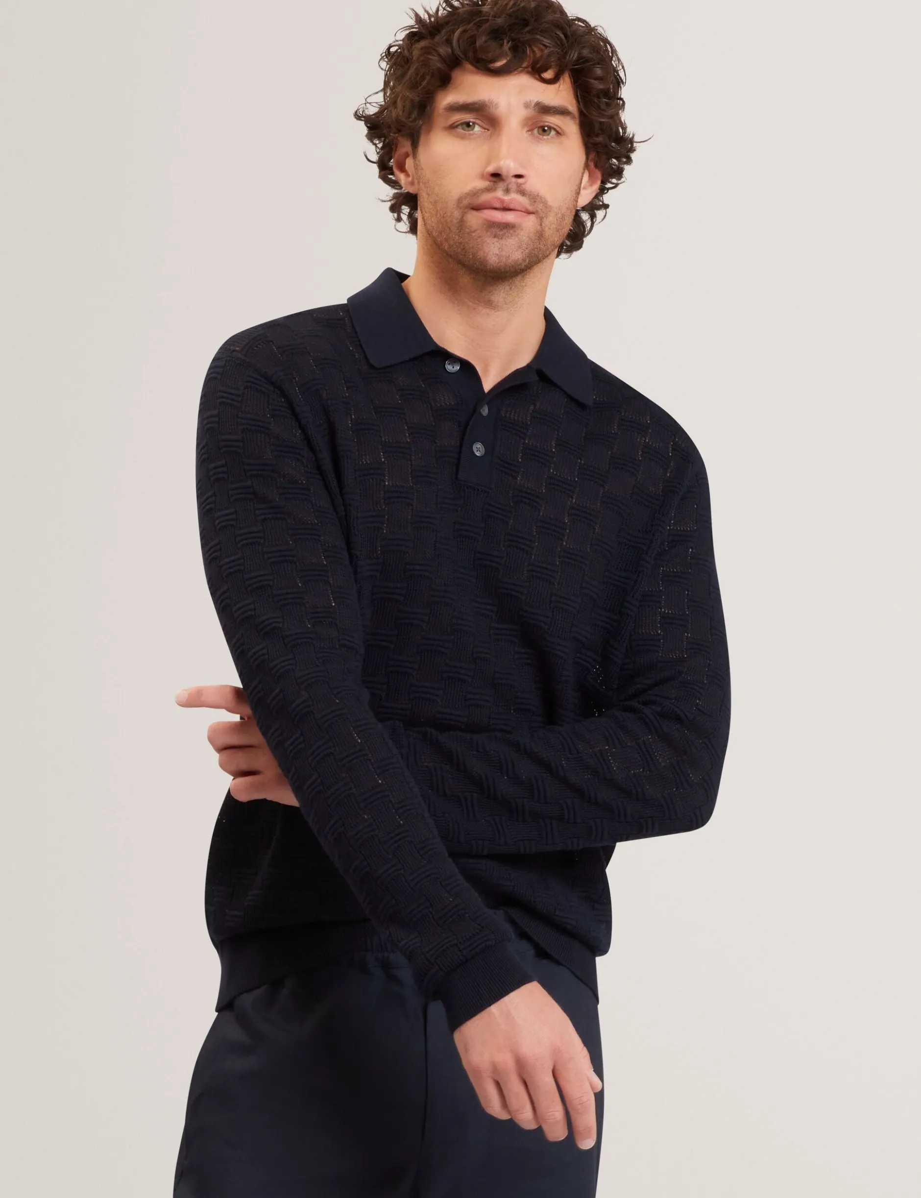 Basket Texture Silk Blend Long Sleeve Polo