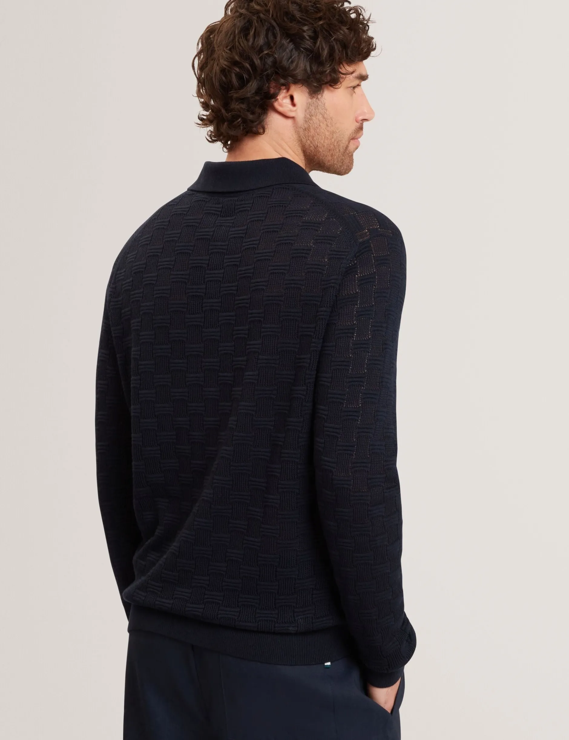 Basket Texture Silk Blend Long Sleeve Polo