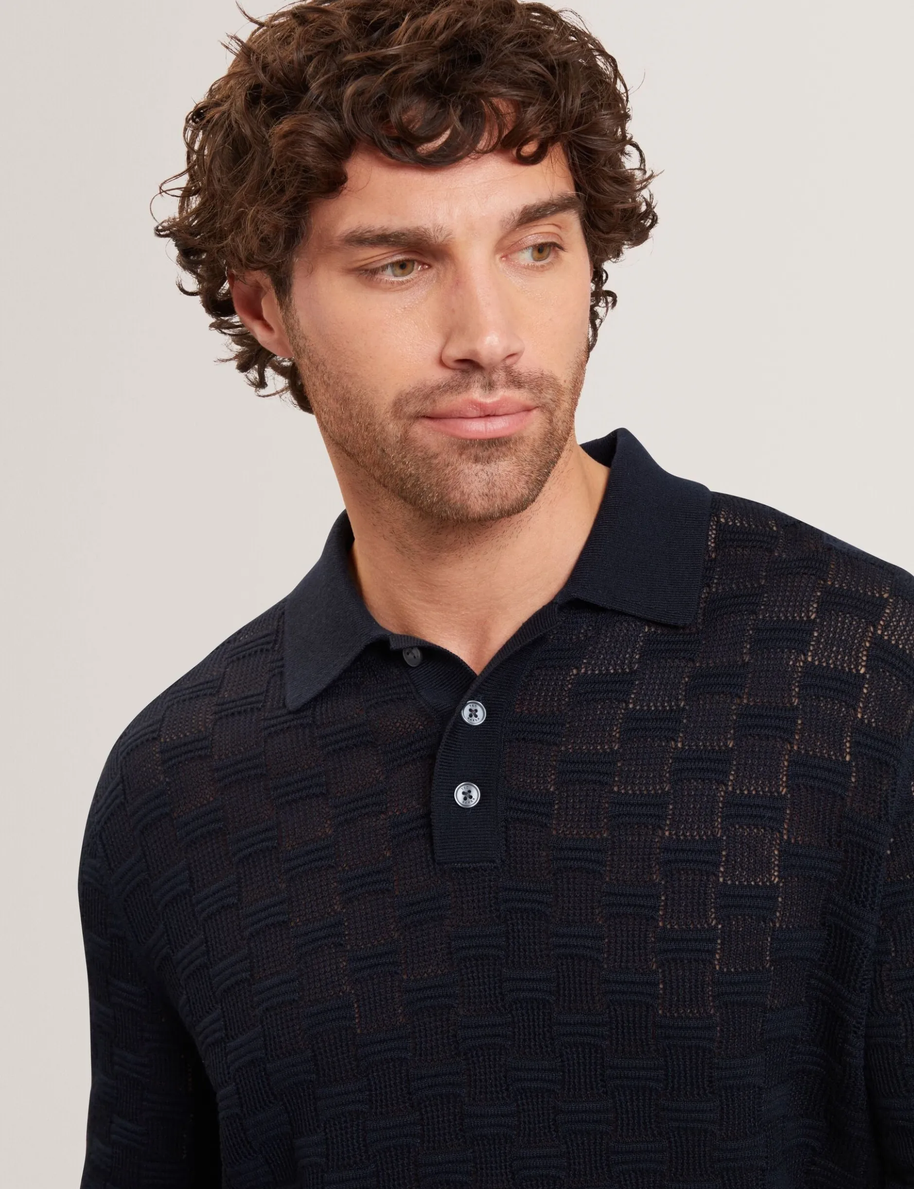 Basket Texture Silk Blend Long Sleeve Polo