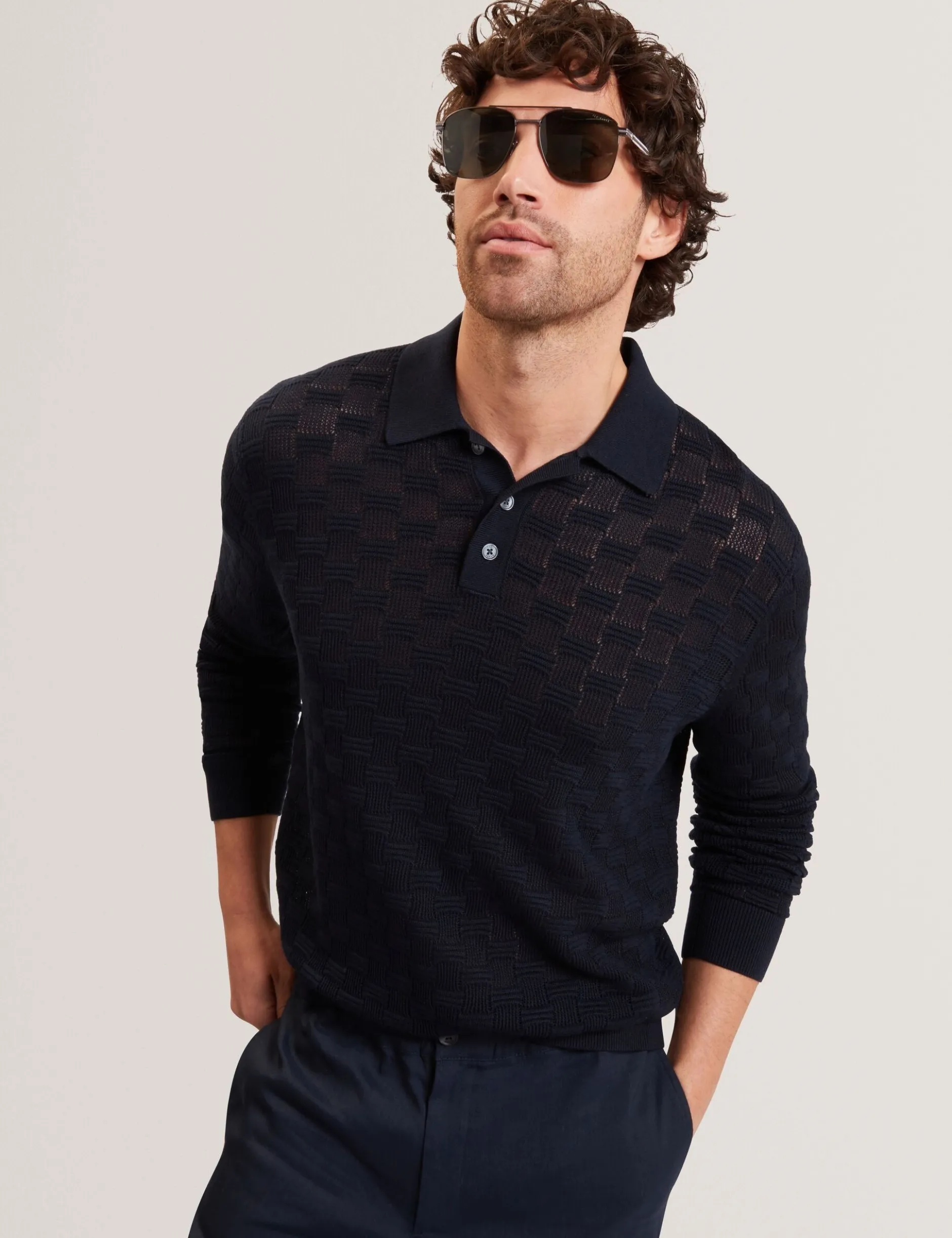 Basket Texture Silk Blend Long Sleeve Polo