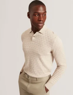 Branded Texture Knit Long Sleeve Polo
