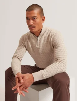 Branded Texture Zip Neck Jumper