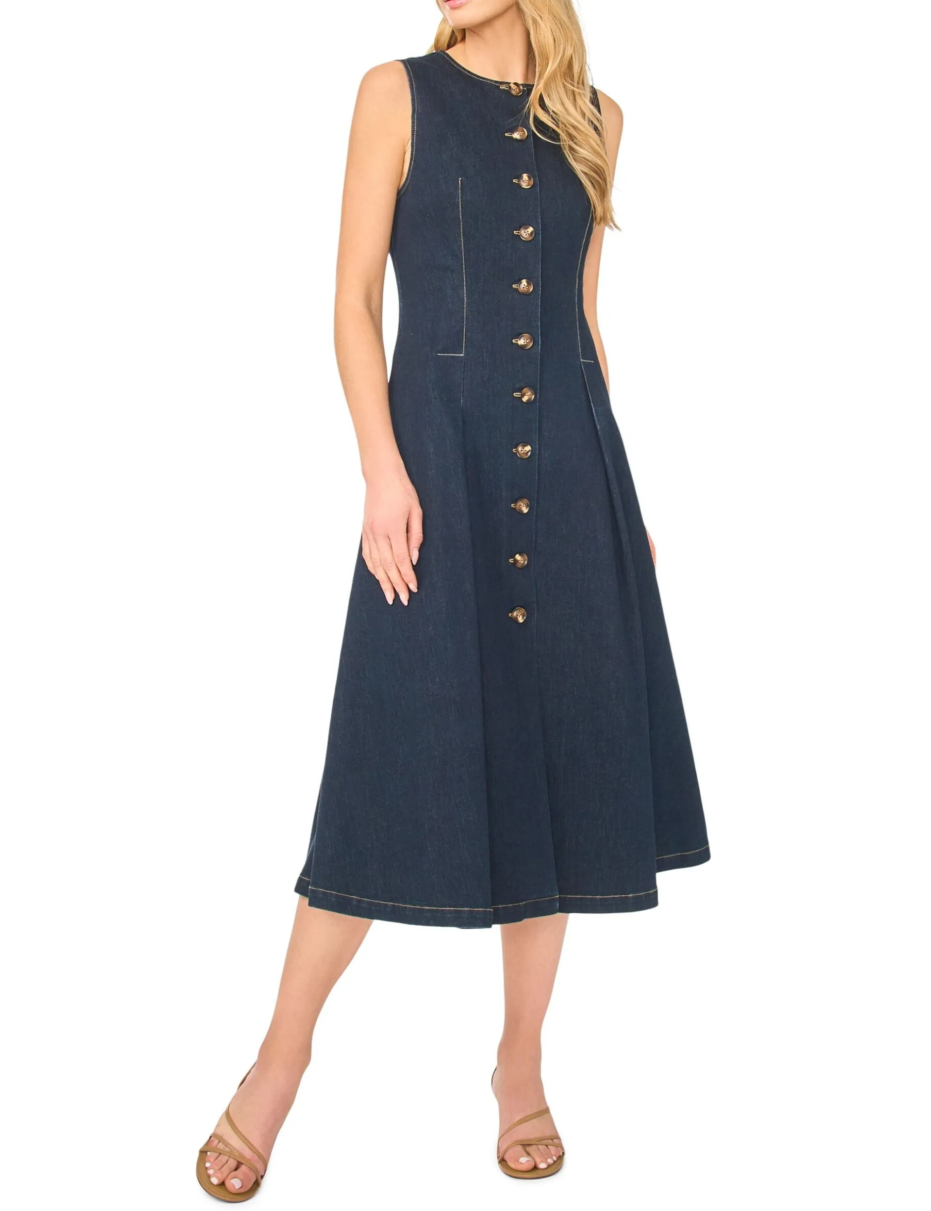Buttoned Sleeveless Denim Midi Dress