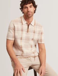 Checked Zip Neck Cotton Knit Polo