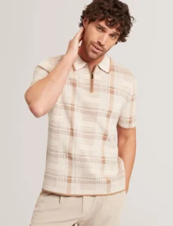 Checked Zip Neck Cotton Knit Polo