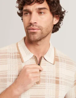 Checked Zip Neck Cotton Knit Polo