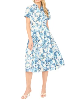 Cotton Floral Belted Midi Shirt Dress
