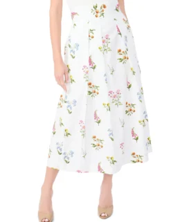 Cotton Floral Pleated Midi Skirt