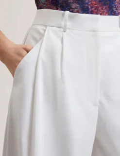 Cotton Pleated Front Wide Leg Trousers