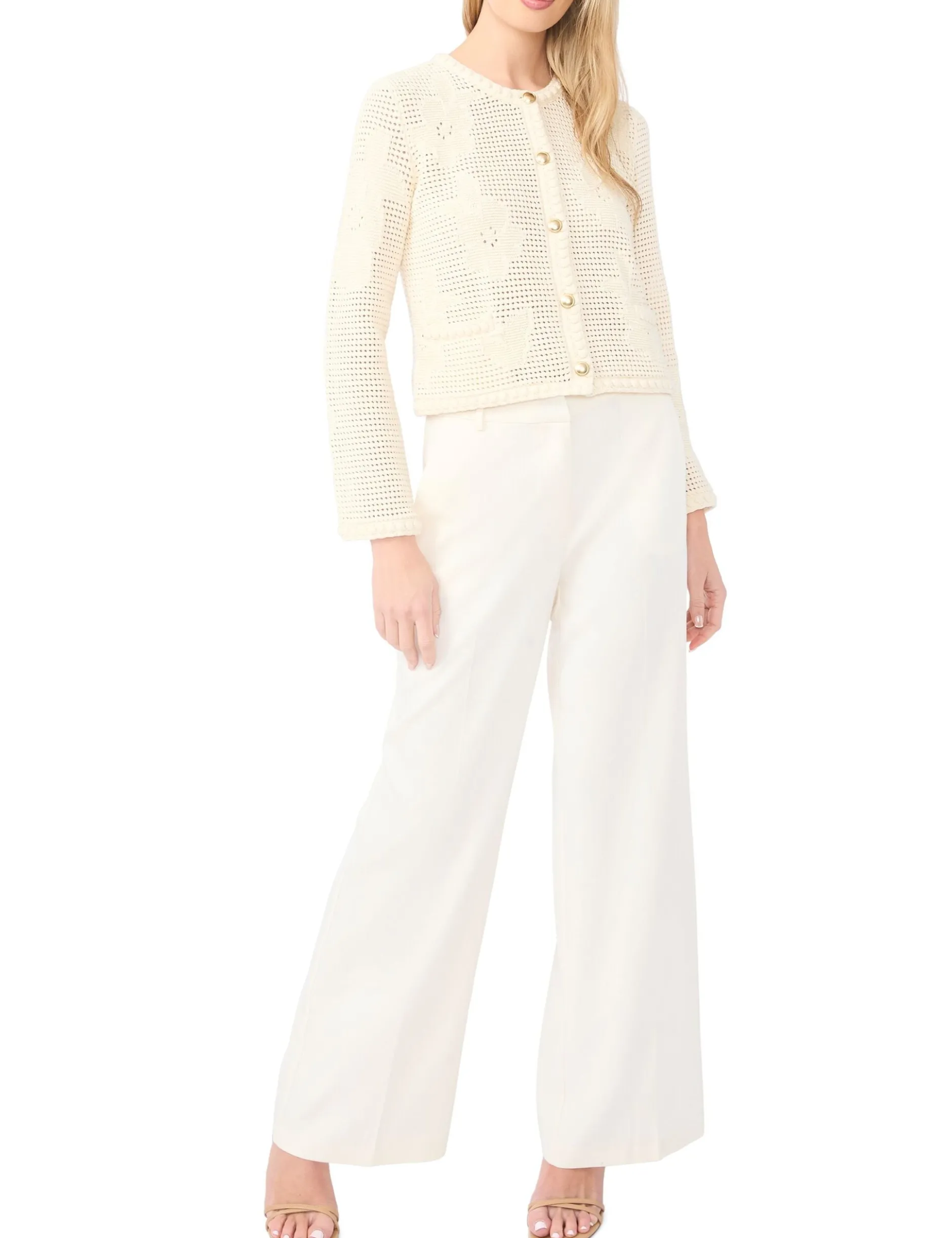 Crochet Knit Crew Neck Cardigan