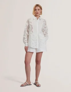 Crochet Trim High Waisted Linen Shorts