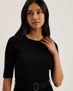 Flippy Hem Knitted Midi Dress With Belt