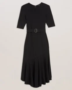 Flippy Hem Knitted Midi Dress With Belt