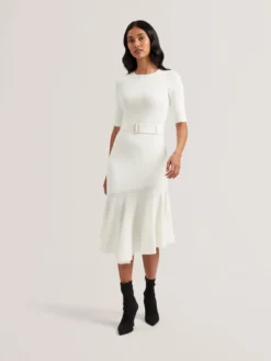 Flippy Hem Knitted Midi Dress With Belt