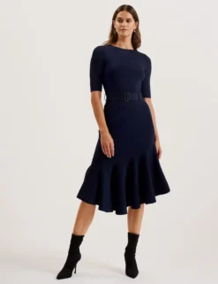 Flippy Hem Knitted Midi Dress With Belt