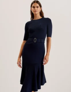 Flippy Hem Knitted Midi Dress With Belt