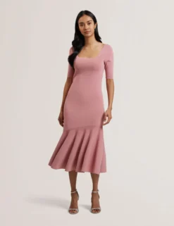 Flippy Hem Square Neck Knitted Midi Dress