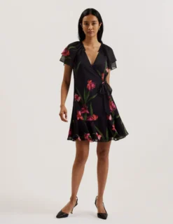 Floral Angel Sleeve Wrap Mini Dress