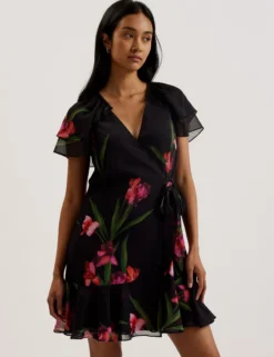 Floral Angel Sleeve Wrap Mini Dress