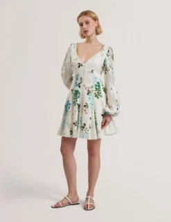 Floral Crochet Trim Linen Mini Dress