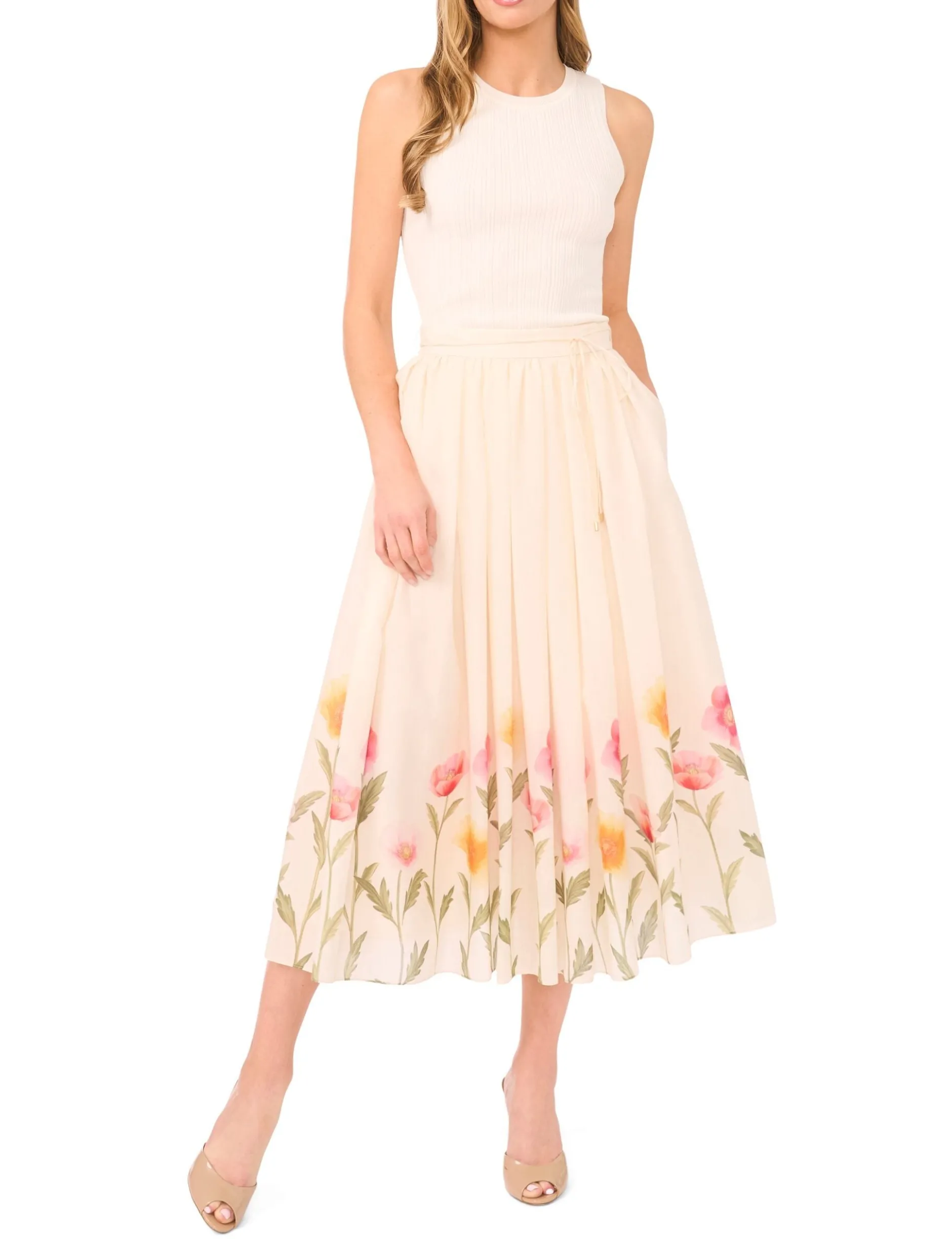 Floral Hem Woven A-Line Midi Skirt