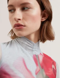Floral High Neck Long Sleeve Mesh Top