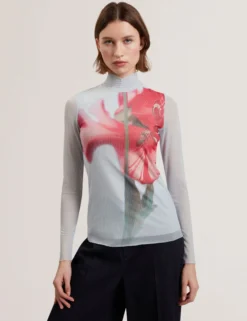 Floral High Neck Long Sleeve Mesh Top