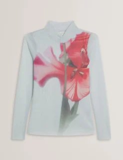Floral High Neck Long Sleeve Mesh Top