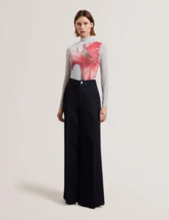 Floral High Neck Long Sleeve Mesh Top