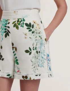 Floral High Waist Linen Shorts With Trim Detail