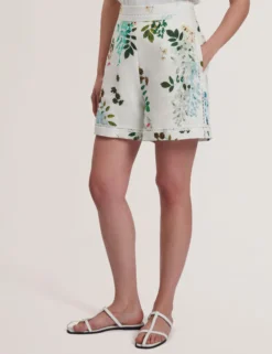 Floral High Waist Linen Shorts With Trim Detail