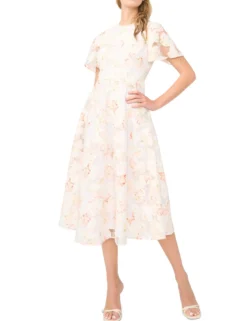 Floral Overlay Flutter Sleeve Midi Dress
