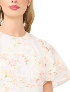Floral Overlay Flutter Sleeve Midi Dress