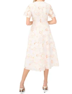 Floral Overlay Flutter Sleeve Midi Dress