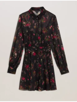 Floral Print Belted Mini Shirt Dress