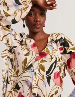 Floral Print Frill Trim Long Sleeve Blouse