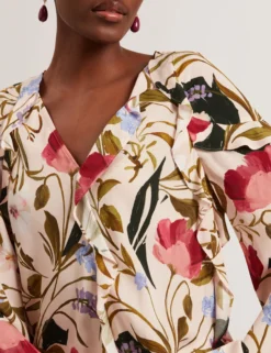 Floral Print Frill Trim Long Sleeve Blouse