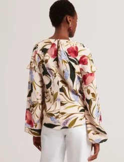 Floral Print Frill Trim Long Sleeve Blouse