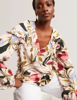 Floral Print Frill Trim Long Sleeve Blouse