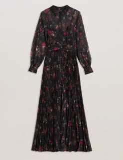 Floral Print Pleated Maxi Shirt Dress
