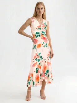 Floral Ruched Front Sleeveless Midi Dress