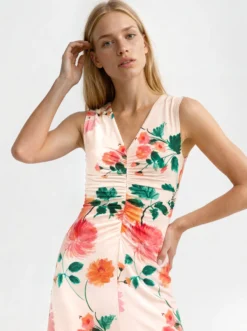 Floral Ruched Front Sleeveless Midi Dress