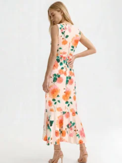 Floral Ruched Front Sleeveless Midi Dress
