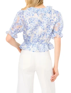 Floral Ruffled V-Neck Cropped Blouse