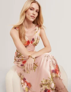 Floral Satin Low Cut Maxi Dress